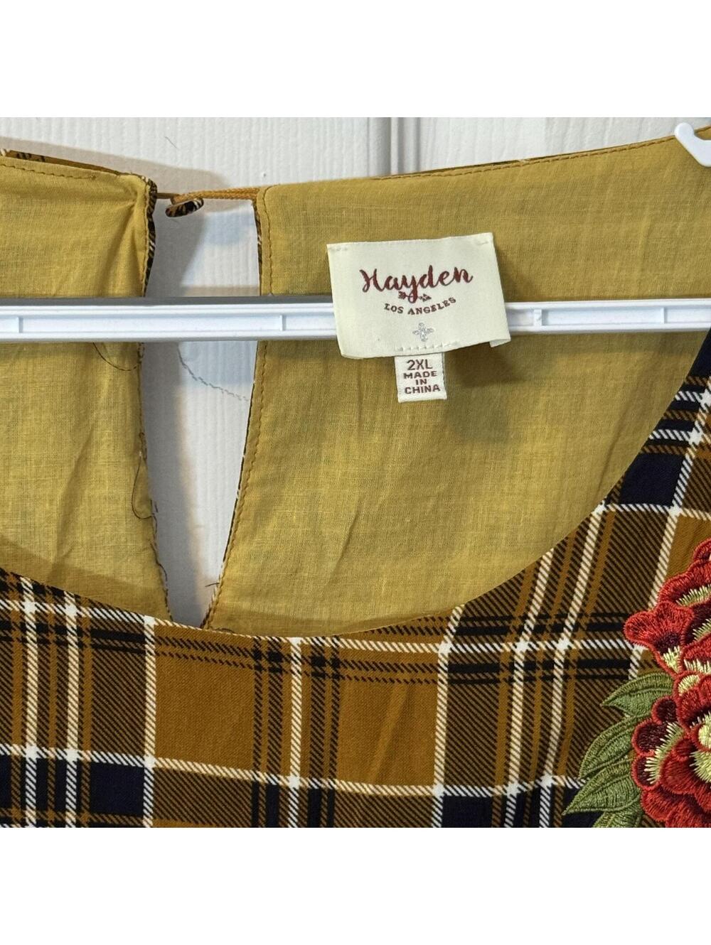 Hayden Mustard Plaid Dress with Floral Embroidery 2XL - Picture 2 of 6
